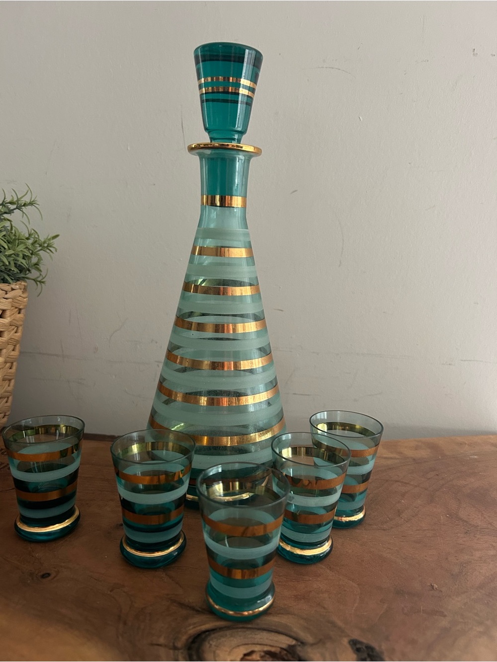 Vintage Bohemian Czech Aqua Gold Stripe Glass Decanter w/5  Shot Glasses Rare